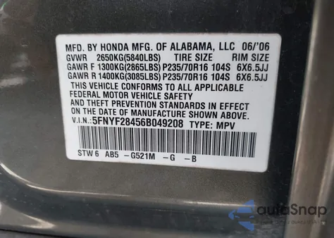 2006 Honda Pilot Ex from USA, damaged, VIN 5FNYF28456B049208